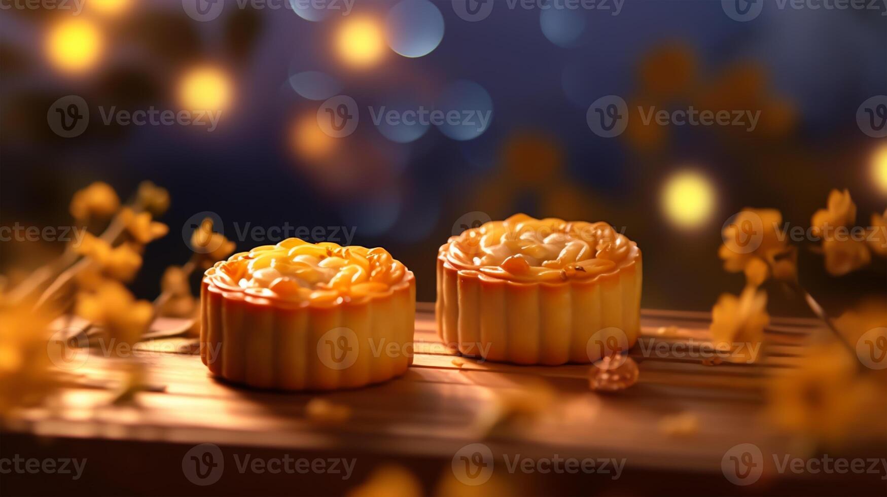Mid-Autumn Festival moon cake and Sakura blossom background, photo