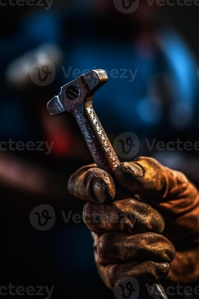 Close-up of a man's hand holding an old hammer, Labor day concept, labor day image, Generative Ai photo