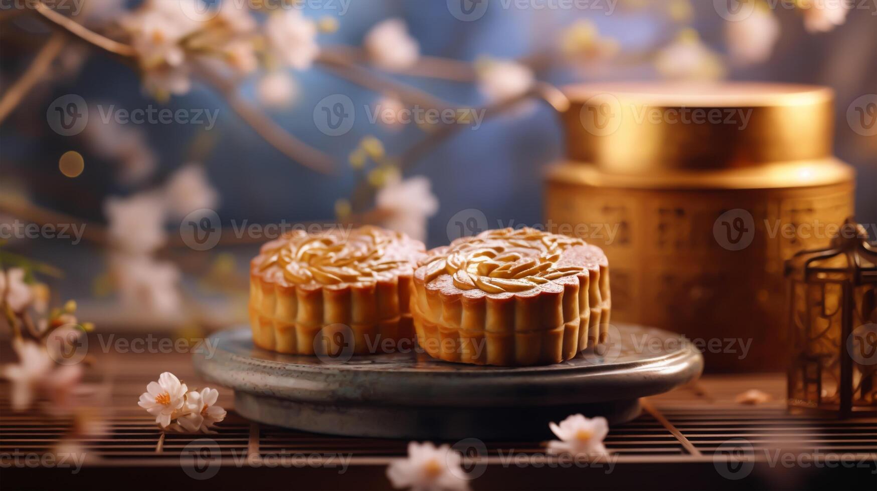 Mid-Autumn Festival moon cake and Sakura blossom background, generative ai photo