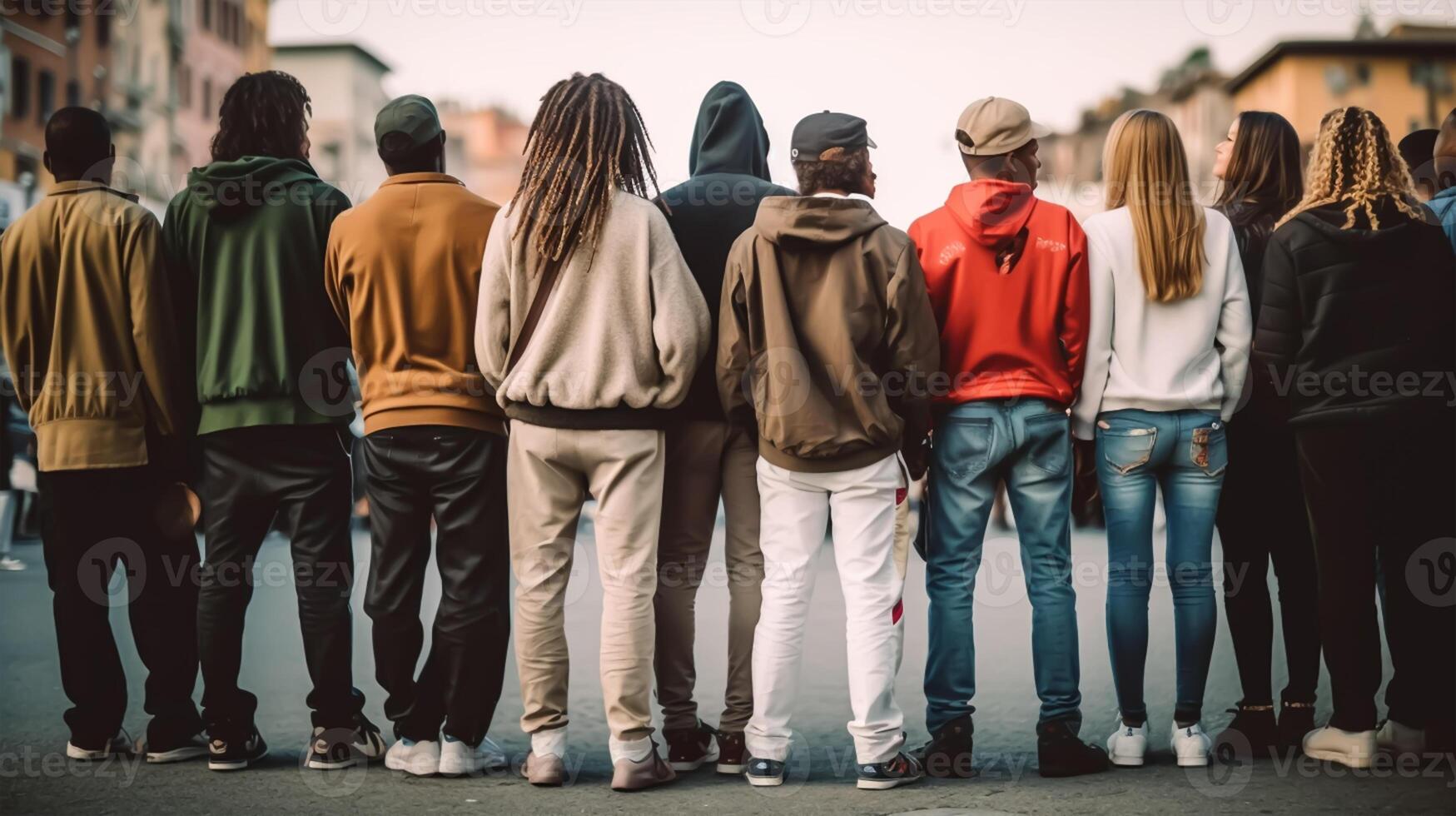 Rear view of a group of young people walking in the city, Generative AI photo