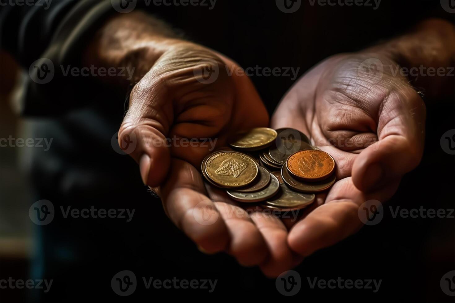 Close up of old man's hands holding coins. Poverty concept, charity day concept, photo