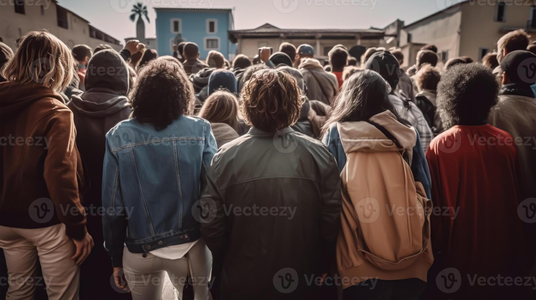 Rear view of a group of young people walking in the city, Generative AI photo