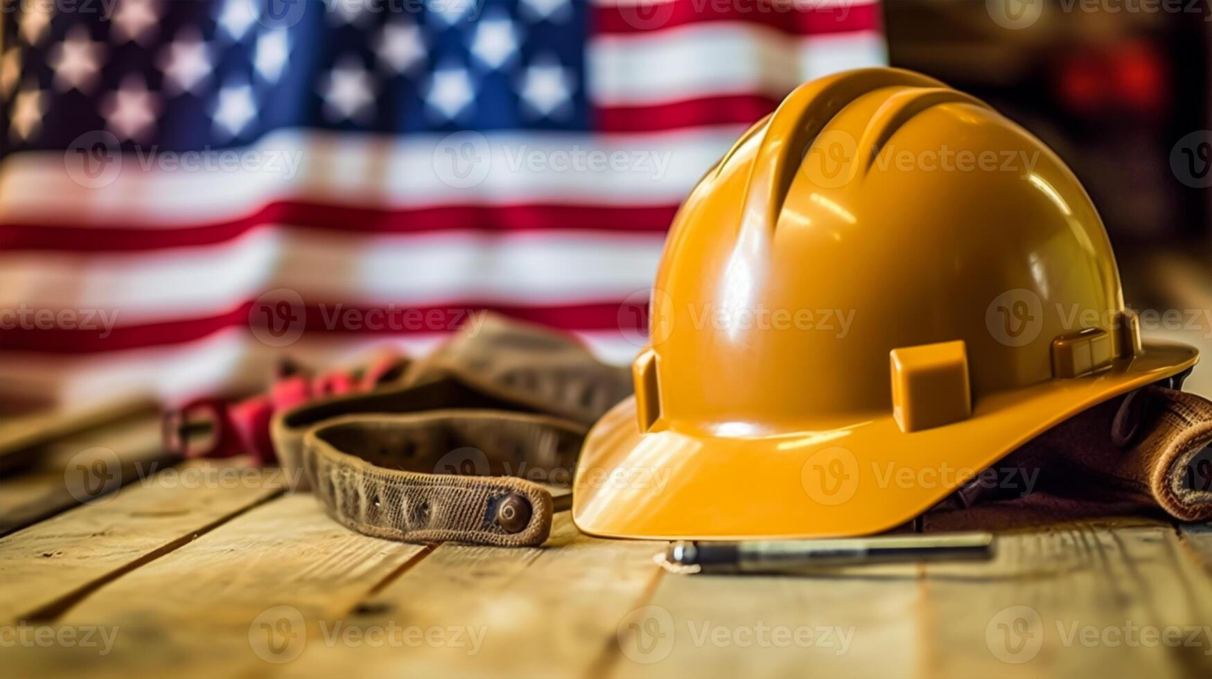 American flag with safety helmet and tools on wooden background. Labor day concept, photo