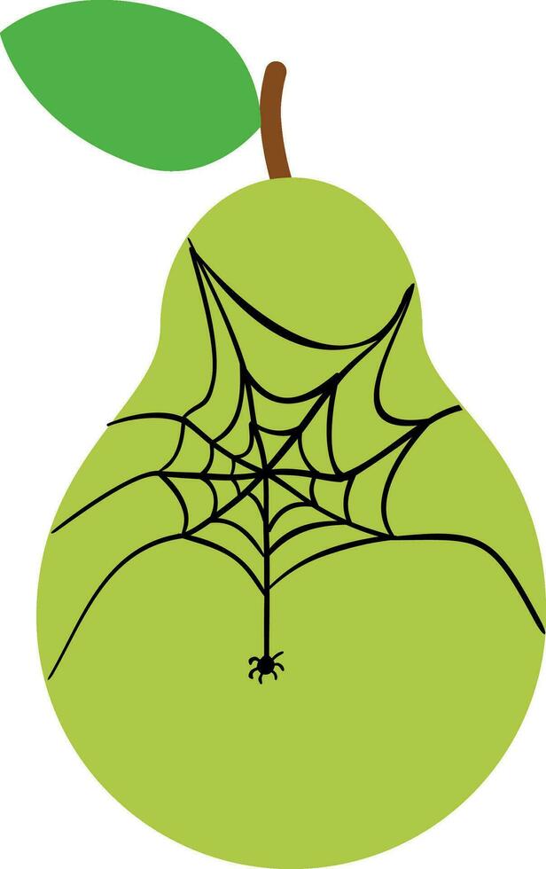 Pear with a cobweb and a spider for decoration. vector