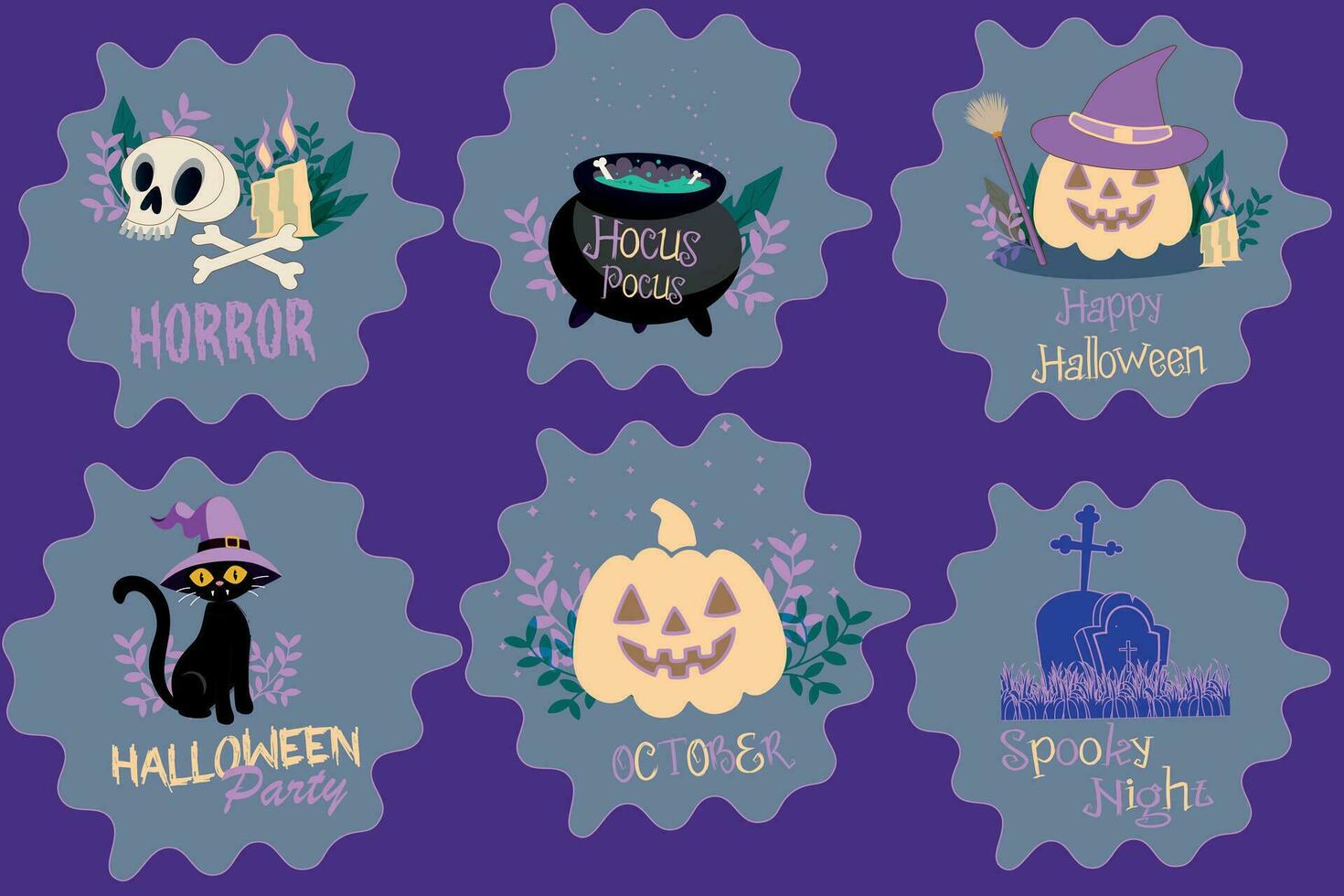 Halloween stickers cartoons set design. Halloween Cat, pumpkin, skull, tombstone. Graphic images for posters, posters, flyers vector
