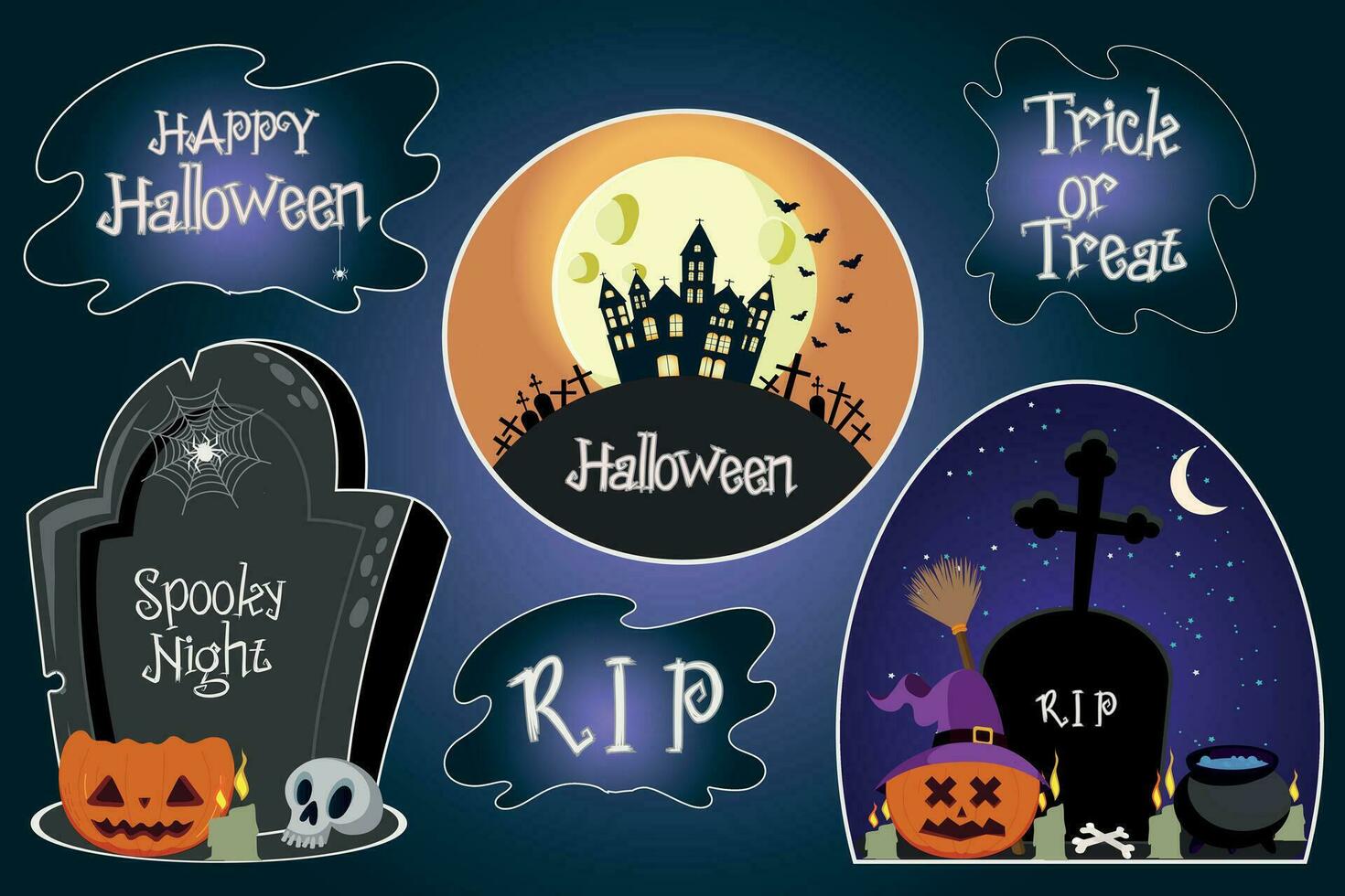 Set of halloweeen stickers, badges, scrapbooking elements. Happy halloween set. Halloween party. Pumpkin, skull, tombstone, Dracula's castle vector