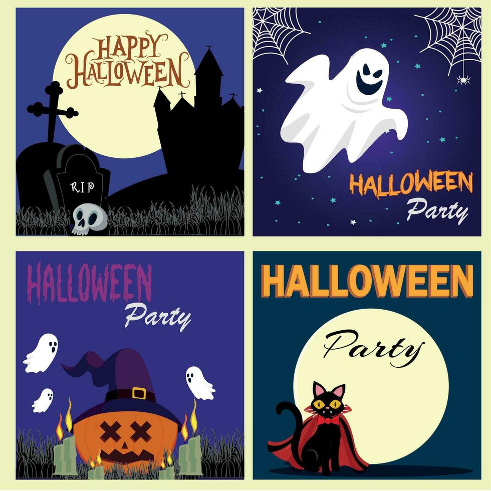 Set of Happy Halloween cartoon illustrations. Party posters or flyer design template. Vector illustration. Halloween night colorful posters set. Vector illustration