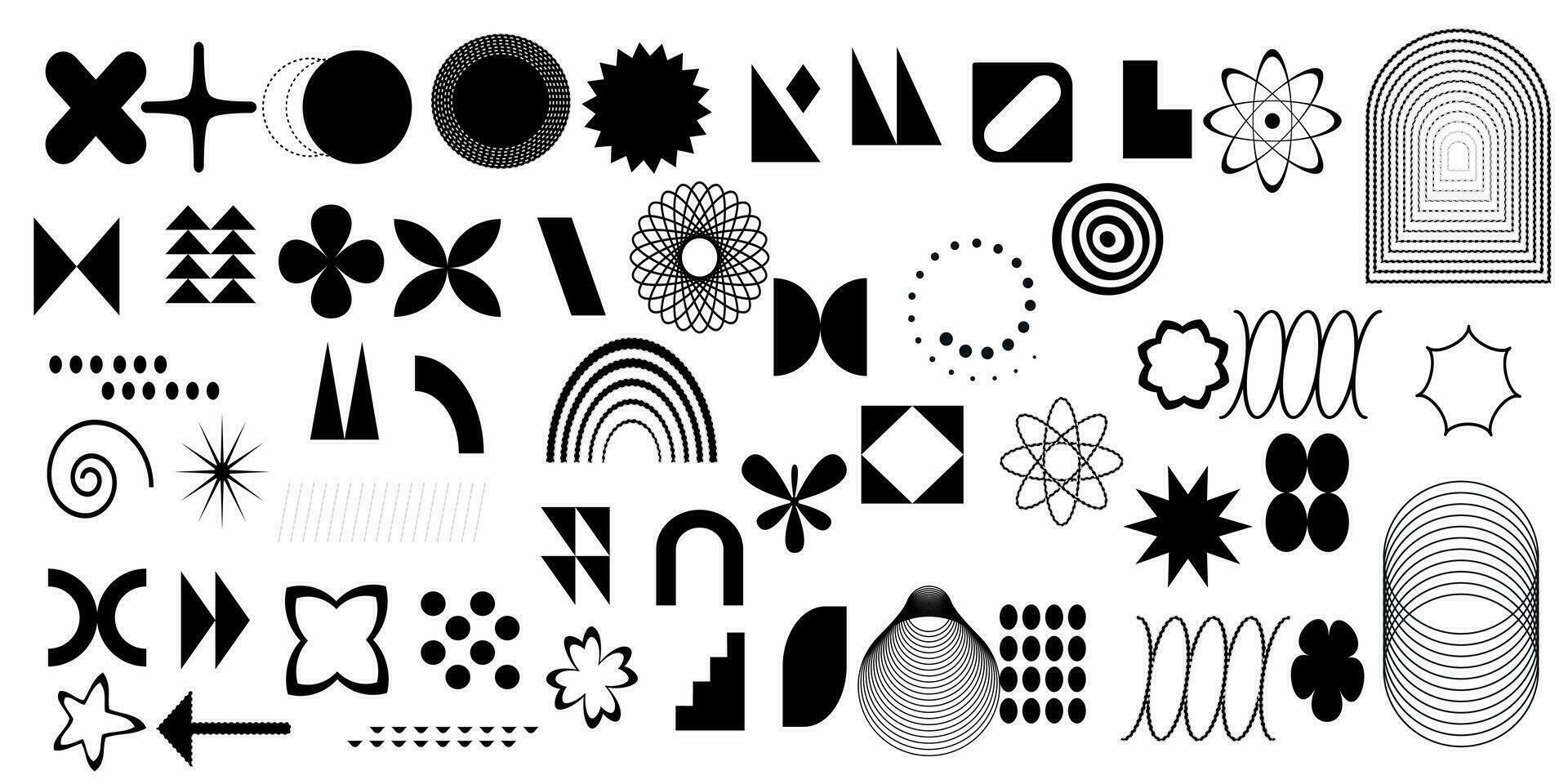 Brutalist abstract geometric shapes and grids. Brutal contemporary figure star oval spiral flower and other primitive elements. Swiss design aesthetic. Bauhaus memphis design. Vector