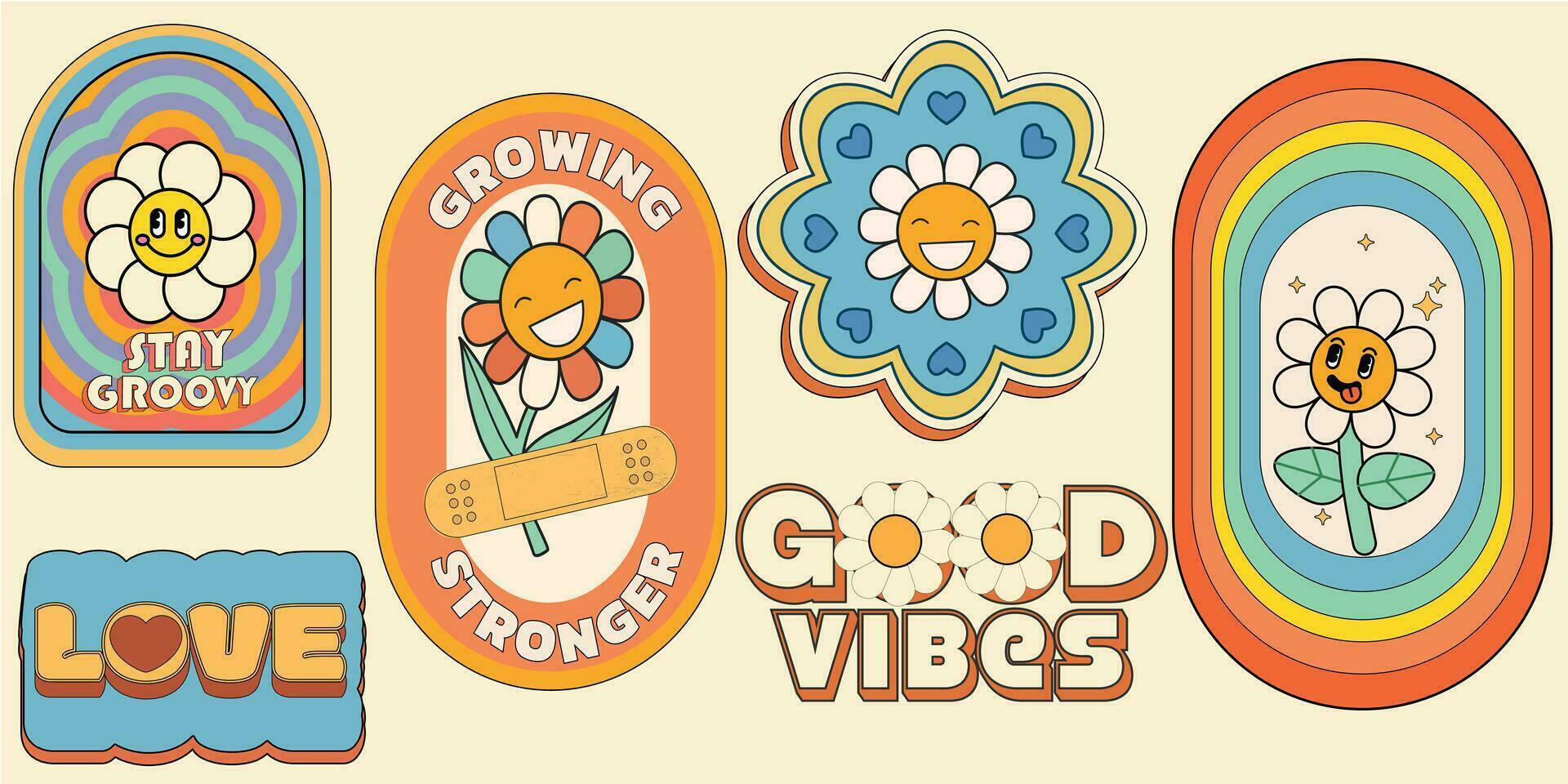 Groovy hippie 70s stickers. Funny cartoon flower, rainbow, peace, Love, heart, daisy, mushroom etc. Sticker pack in trendy retro psychedelic cartoon style. Love. Good vibes. Stay groovy. vector