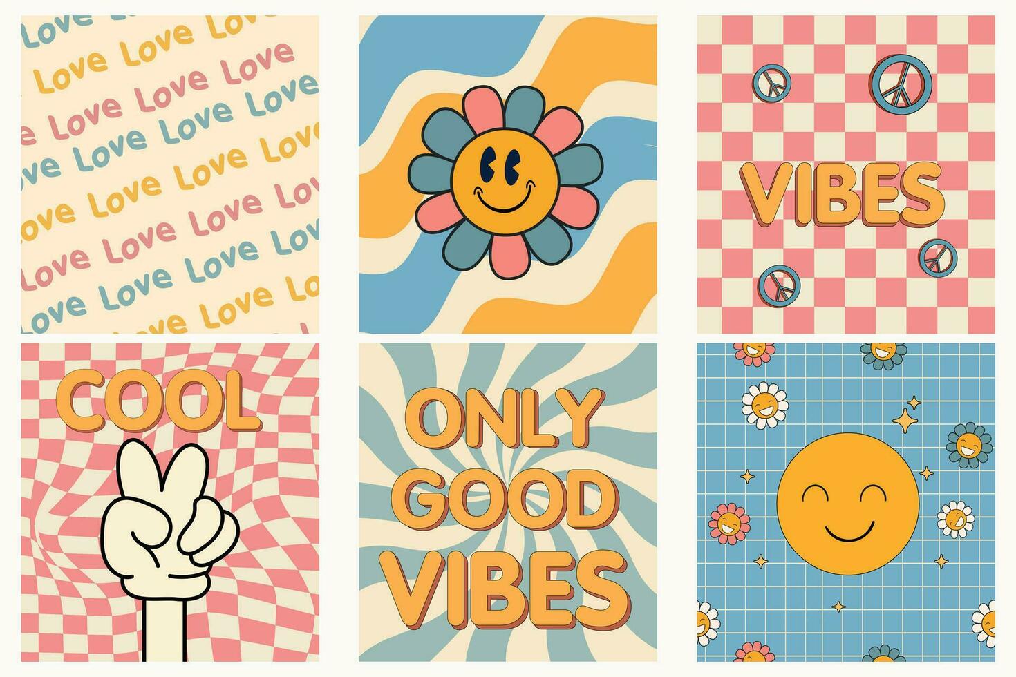 Retro groovy set card 60s-70s style. Daisy flowers, smile face, checkerboard pattern. Peace signs, freedom. Stay positive. Good vibes only. Hippie aesthetic background. vector