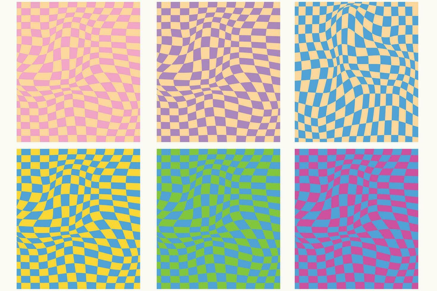 Groovy grid. Wavy psychedelic background, 70s swirl texture and trippy grids vector set