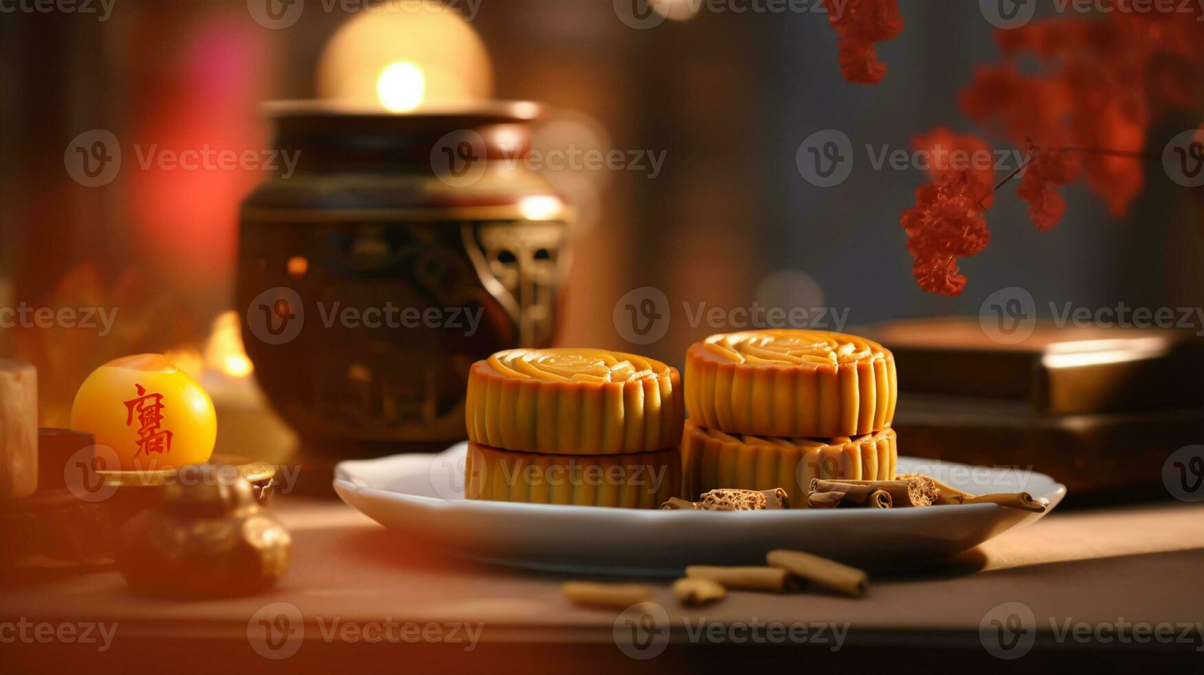 Mid-Autumn Festival moon cake and Sakura blossom background, generative ai photo