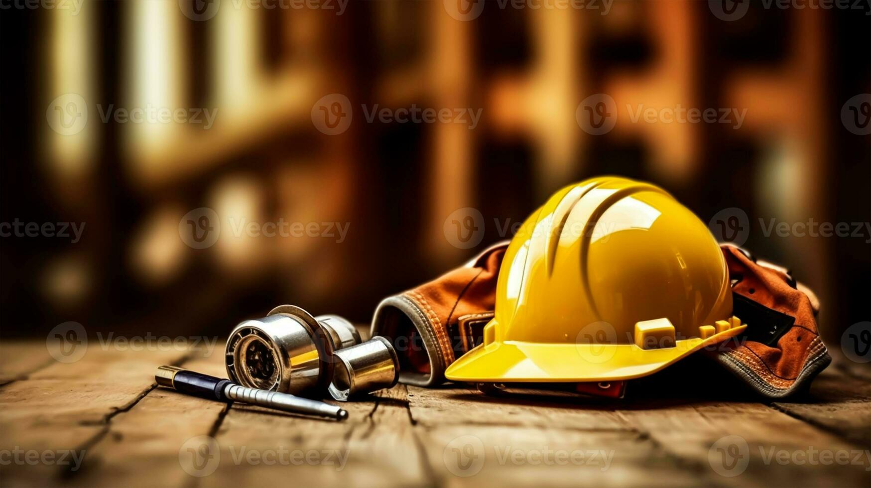 American flag with safety helmet and tools on wooden background. Labor day concept, Generative Ai photo