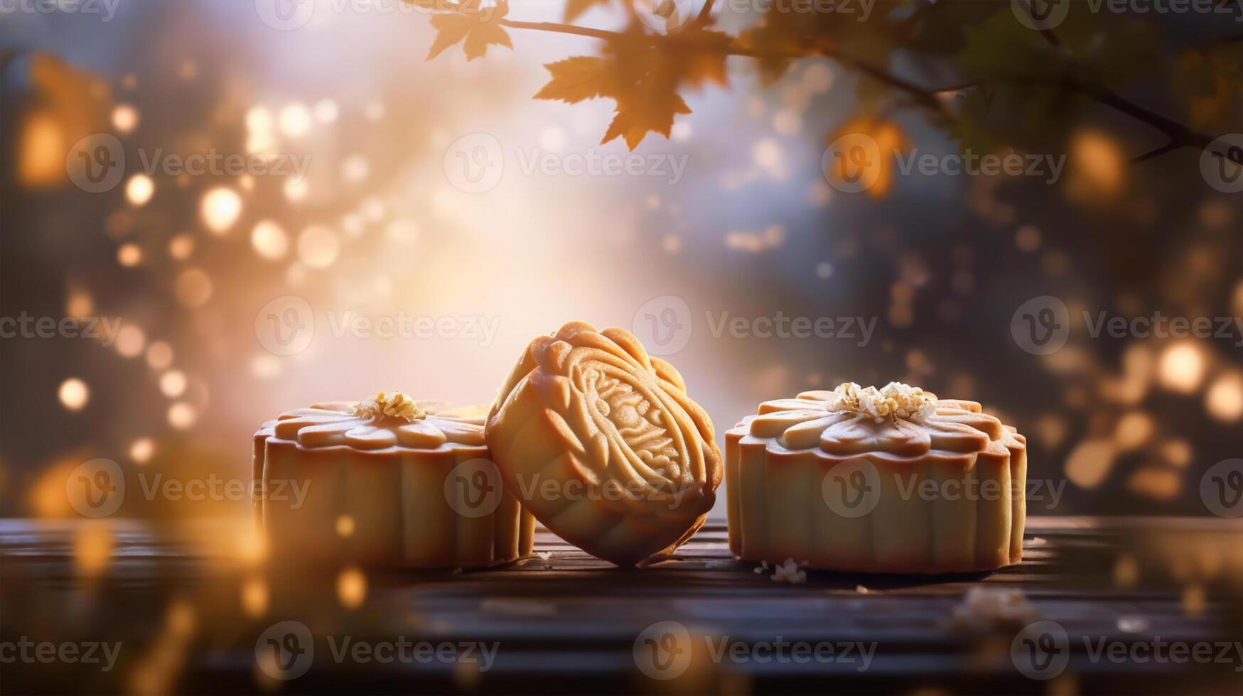 Mid-Autumn Festival moon cake and Sakura blossom background, photo