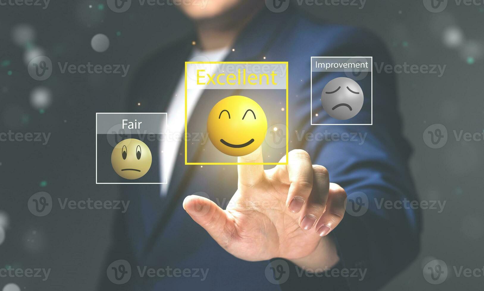 Evaluation of job satisfaction levels or service ratings by customers. Businessman choosing excellent rating at virtual screen photo