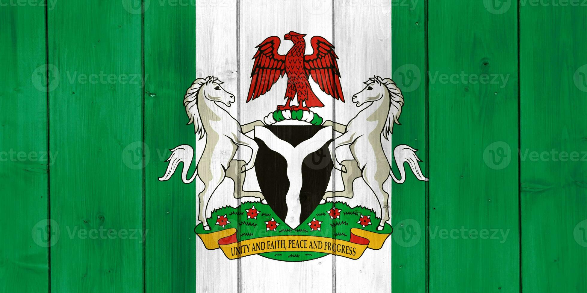 Flag and coat of arms of Federal Republic of Nigeria on a textured background. Concept collage. photo