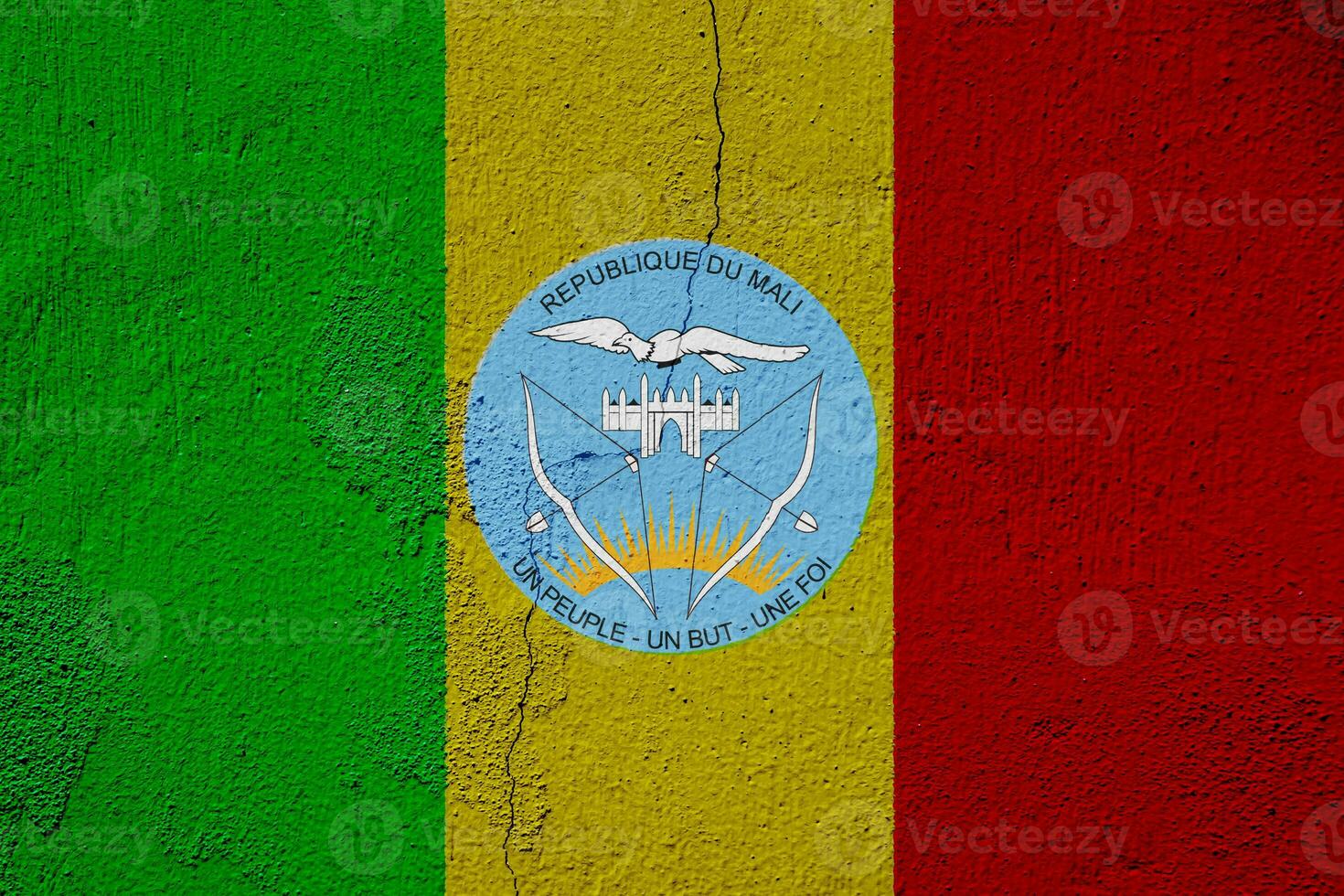 Flag and coat of arms of Republic of Mali on a textured background. Concept collage. photo