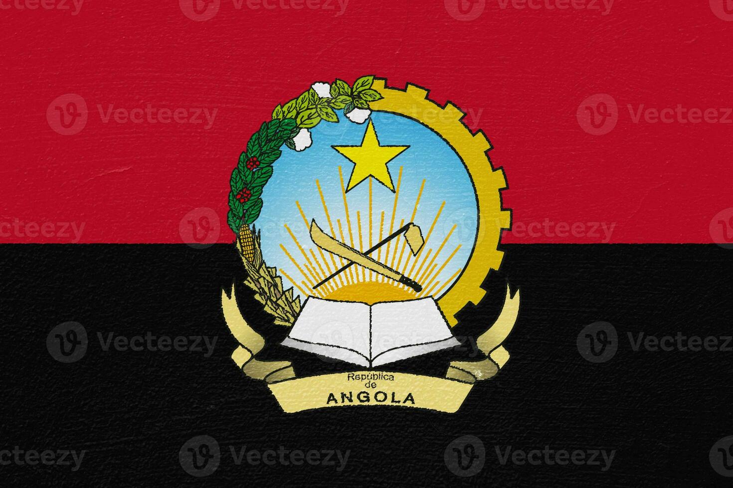 Flag and coat of arms of Republic of Angola on a textured background. Concept collage. photo