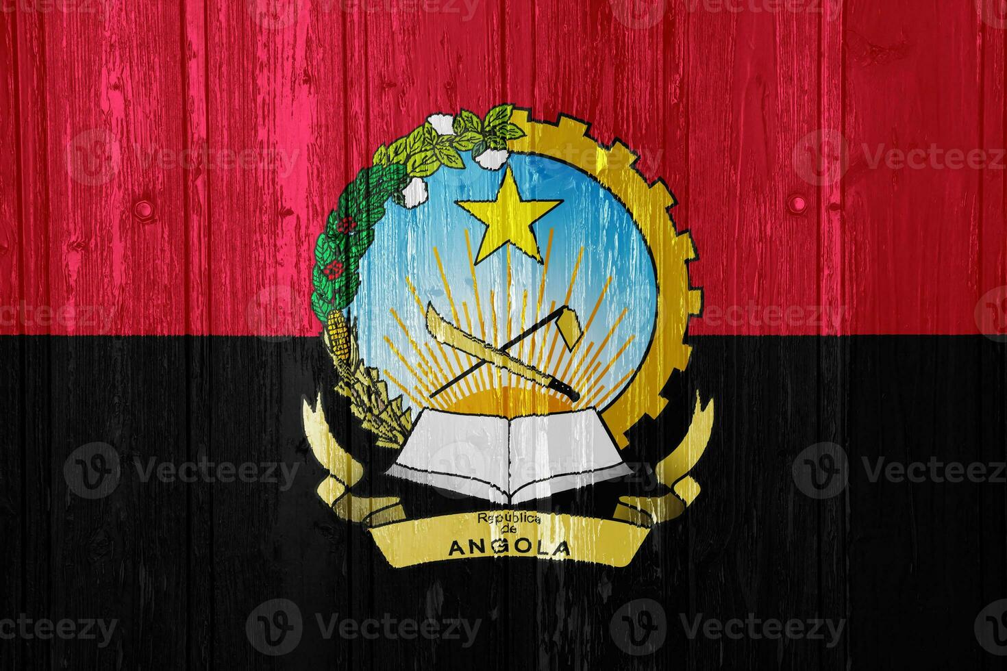 Flag and coat of arms of Republic of Angola on a textured background. Concept collage. photo