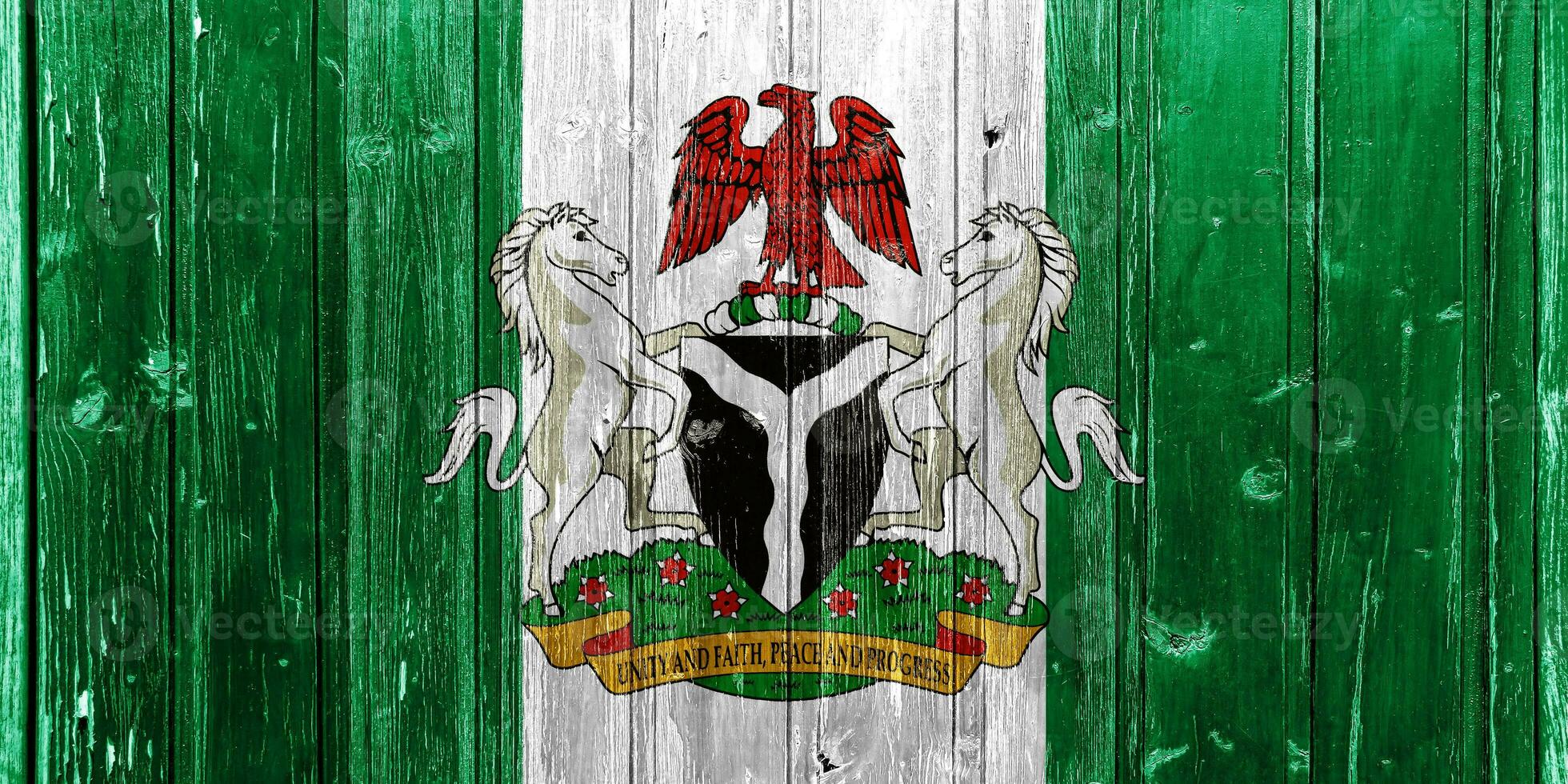 Flag and coat of arms of Federal Republic of Nigeria on a textured background. Concept collage. photo