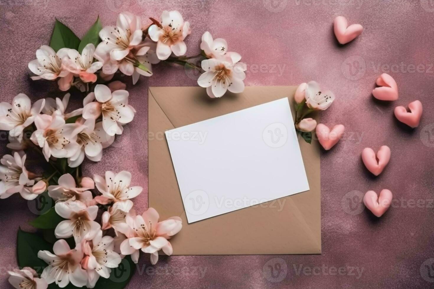 Valentine's day greeting card mockup with envelope, red rose flowers and pen. Top view with copy space Generative AI photo