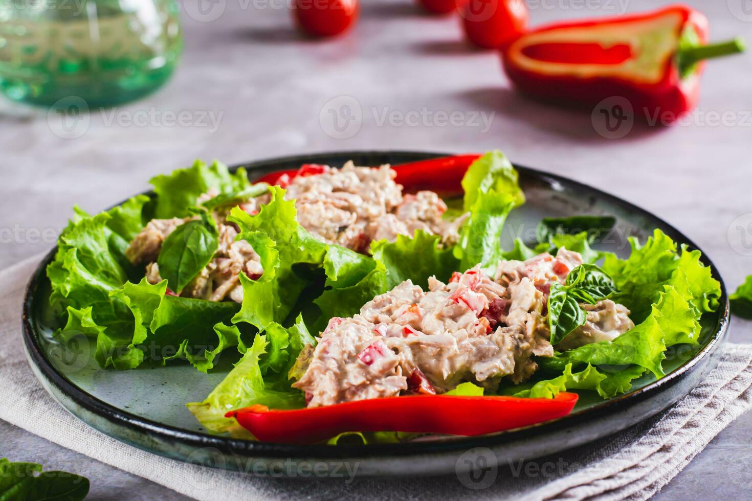 Canned tuna salad with vegetables on lettuce leaves on a plate photo