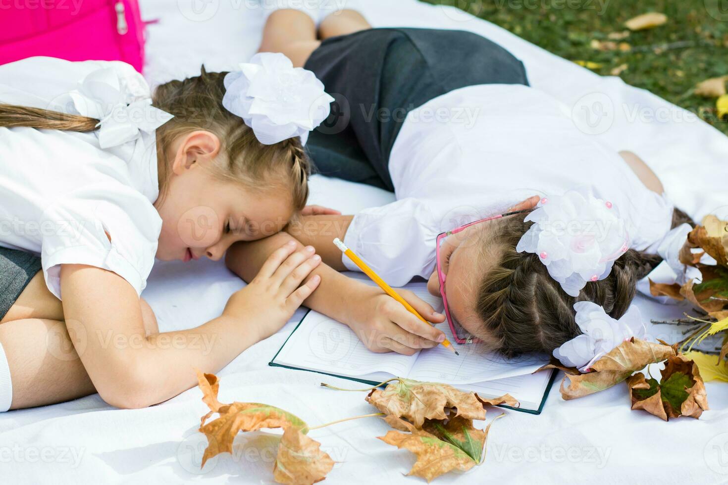 Two cute schoolgirls got tired of doing their homework and fell asleep on a blanket. Outdoor education. Back to school concept photo