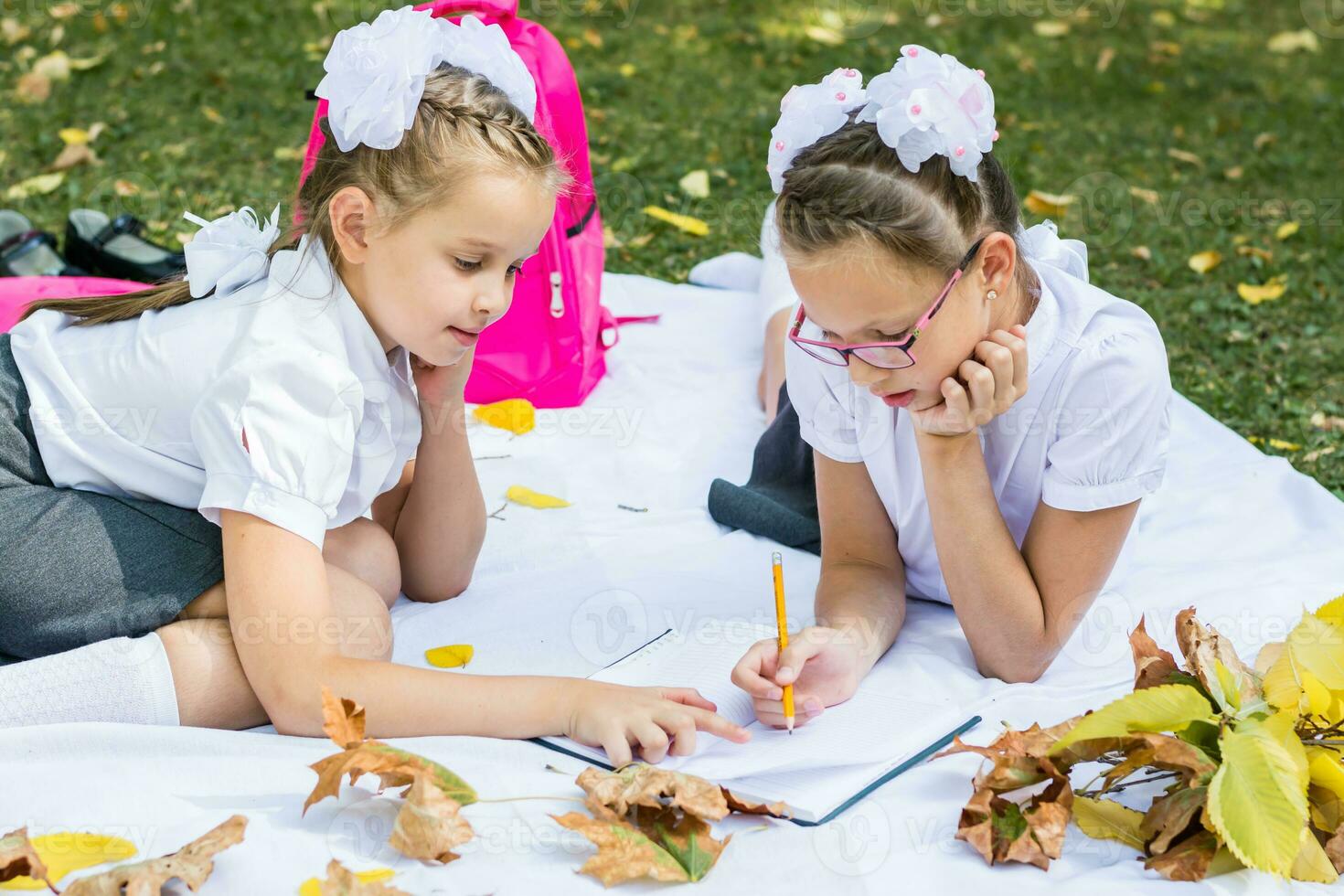 Two cute schoolgirls doing homework on a blanket in a sunny autumn park. Outdoor education. Back to school concept photo
