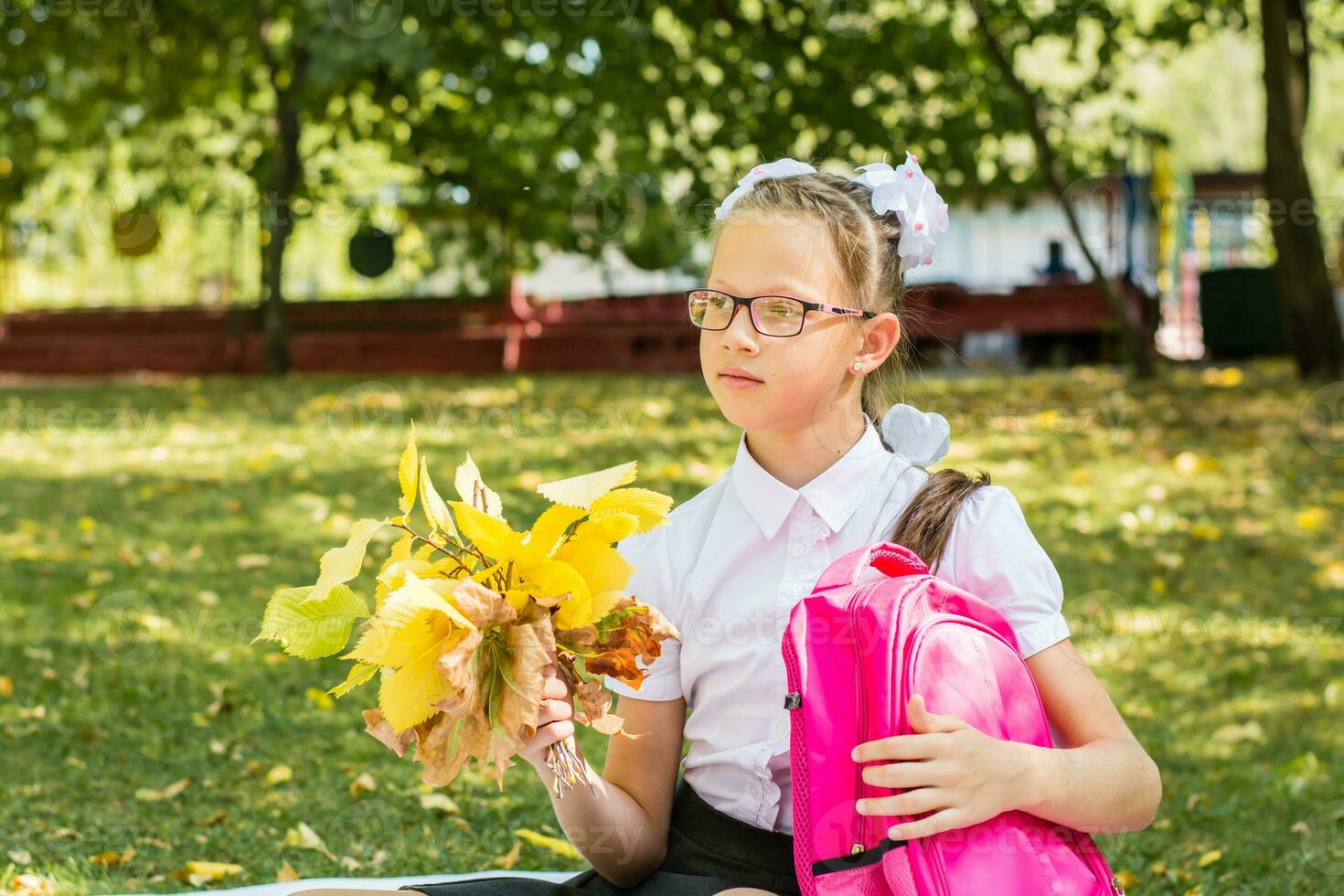 A cute schoolgirl with white bows is holding a bouquet of autumn leaves and a backpack in a sunny autumn park. Back to school concept. Copy space photo