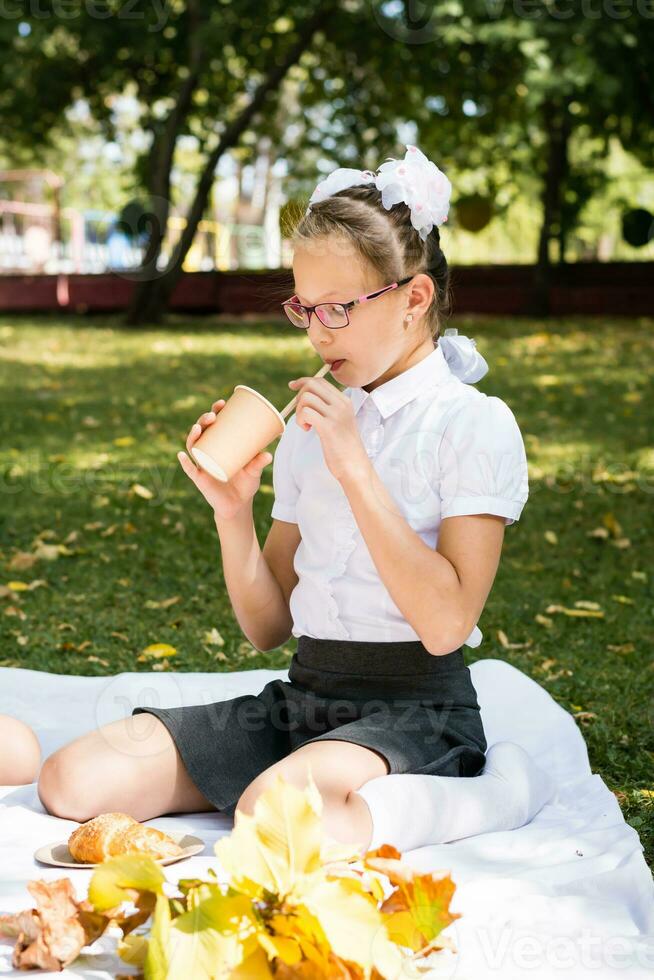 A cute girl schoolgirl drinks juice with a straw from an eco-friendly cup at a picnic on a blanket in the park. School meals. Vertical view photo