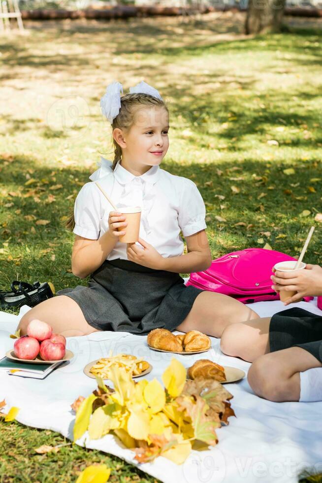 Schoolgirl girl on a picnic holding an eco cup with a straw in a sunny autumn park. Outdoor education for children. Back to school concept photo