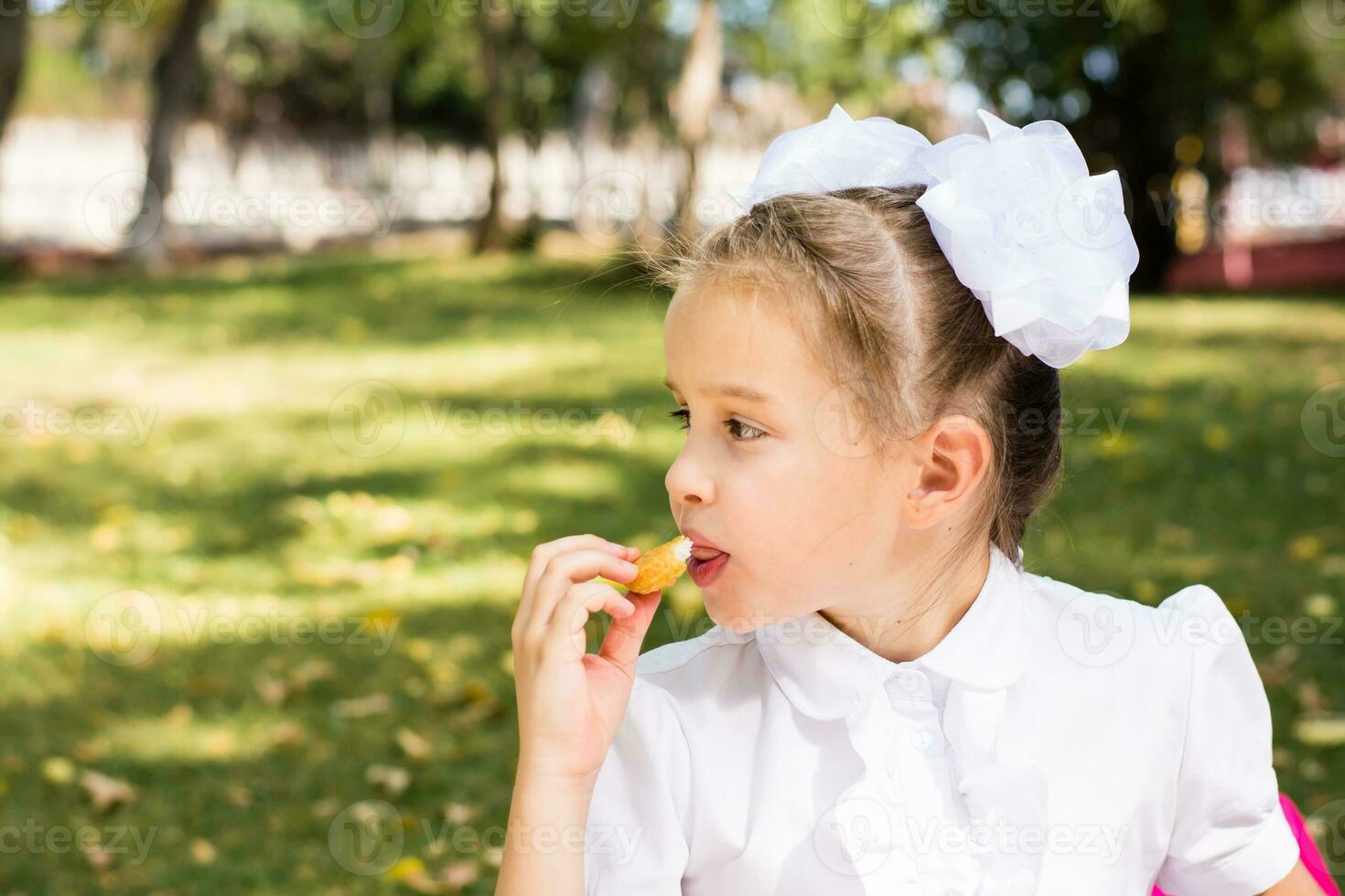 linda pequeño Chica de escuela comiendo pepitas apetitoso en un picnic en el parque. colegio comidas. Copiar espacio foto