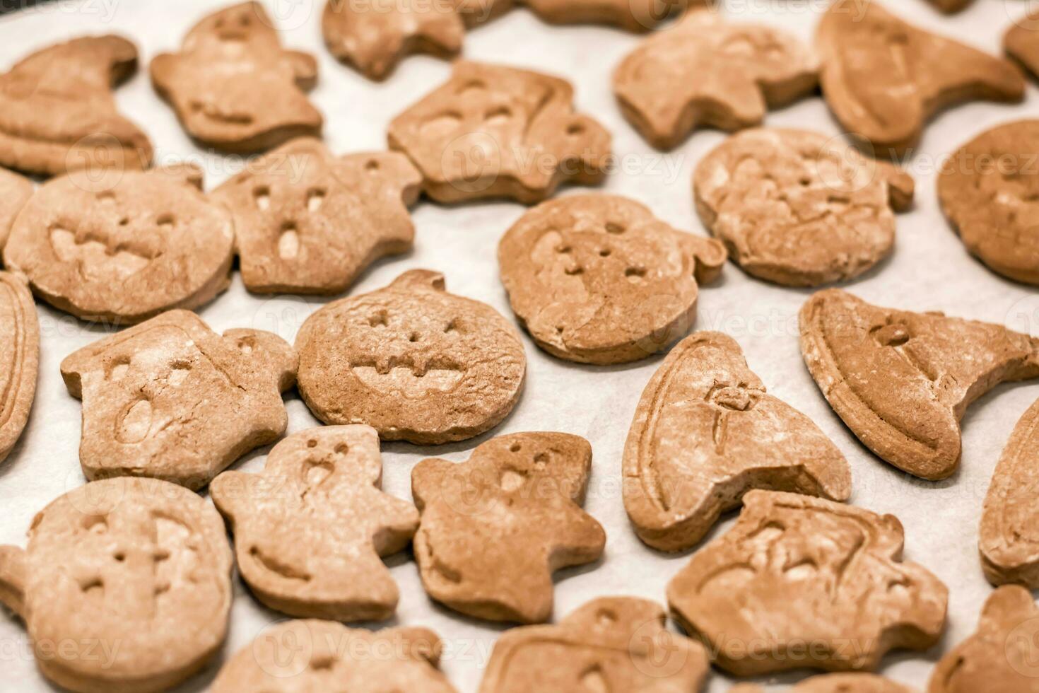 Preparing to celebrate halloween and preparing a treat. Halloween baked gingerbread cookies on a baking sheet. Lifestyle photo