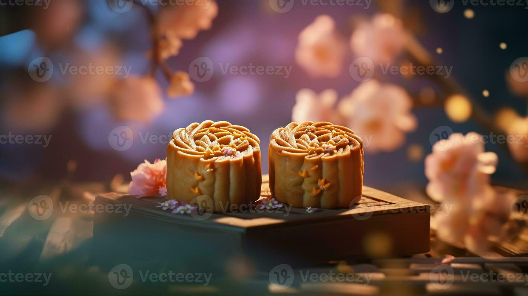 Mid-Autumn Festival moon cake and Sakura blossom background, Generative AI photo