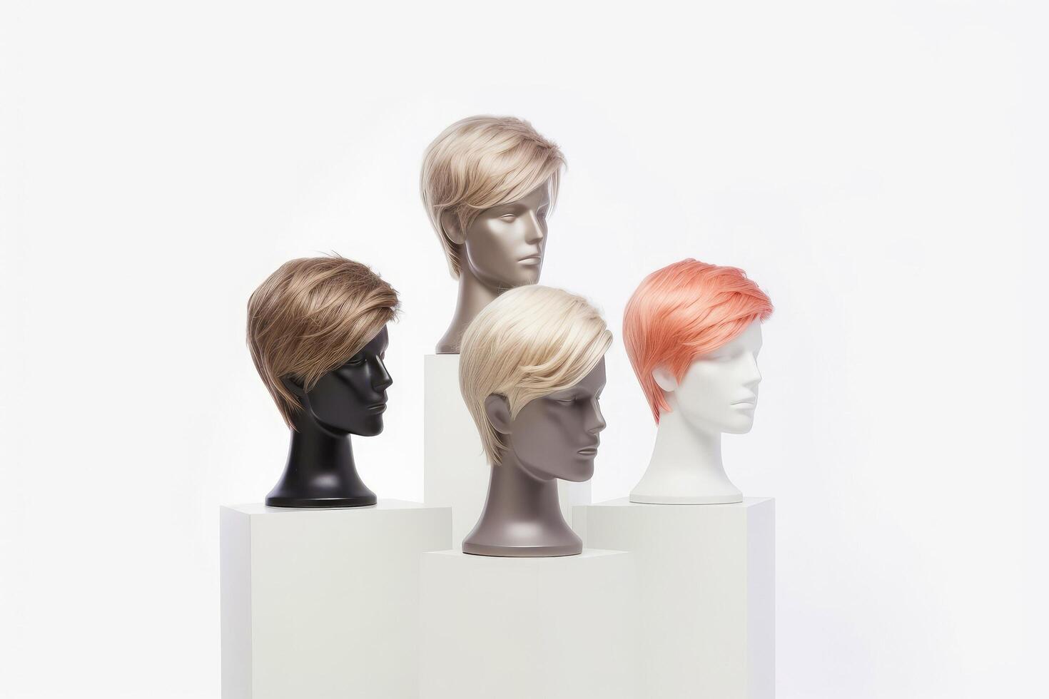 Hair wig over the plastic mannequin head isolated over the white background, mockup featuring contemporary men's hairstyles, Generative AI illustration photo