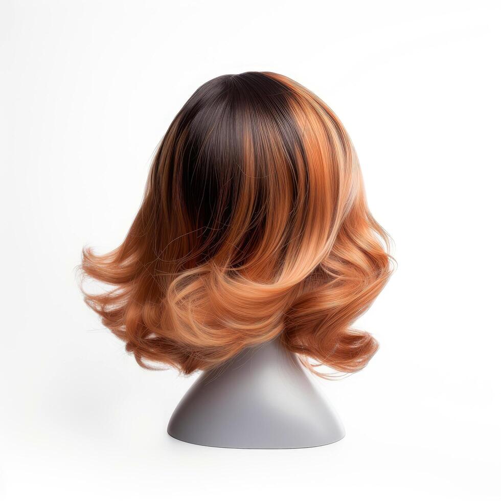 Hair wig over the plastic mannequin head isolated over the white background, mockup featuring contemporary women hairstyles, Generative AI illustration photo