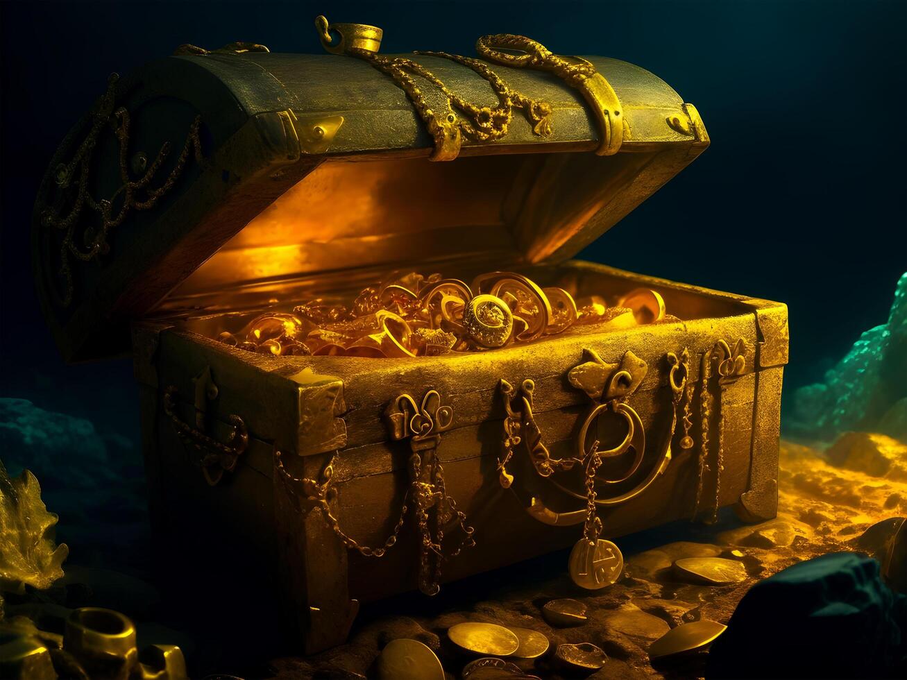 old treasure chest is deep under the sea. Antique chest of gold, ring, gold necklace.Generative AI. photo