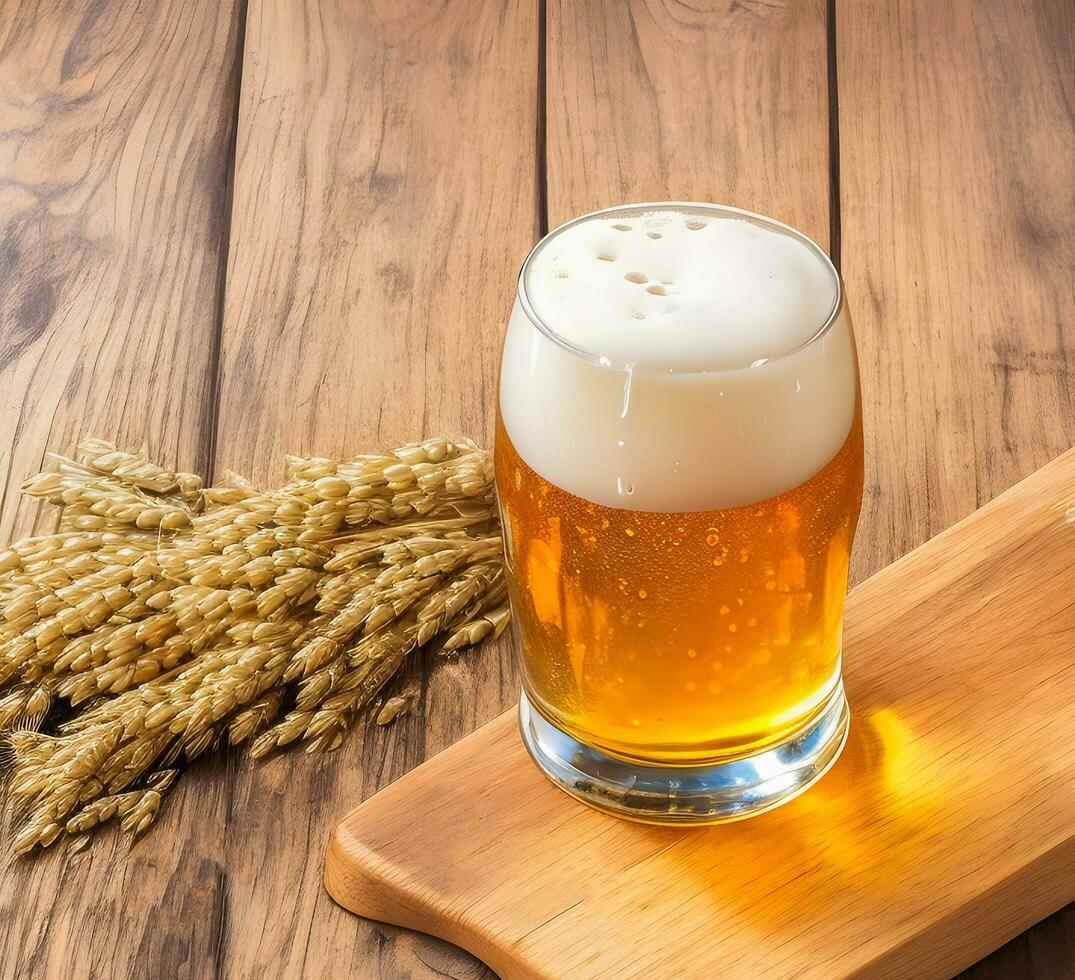 Beer glass with bubbles on wooden background. generative ai photo