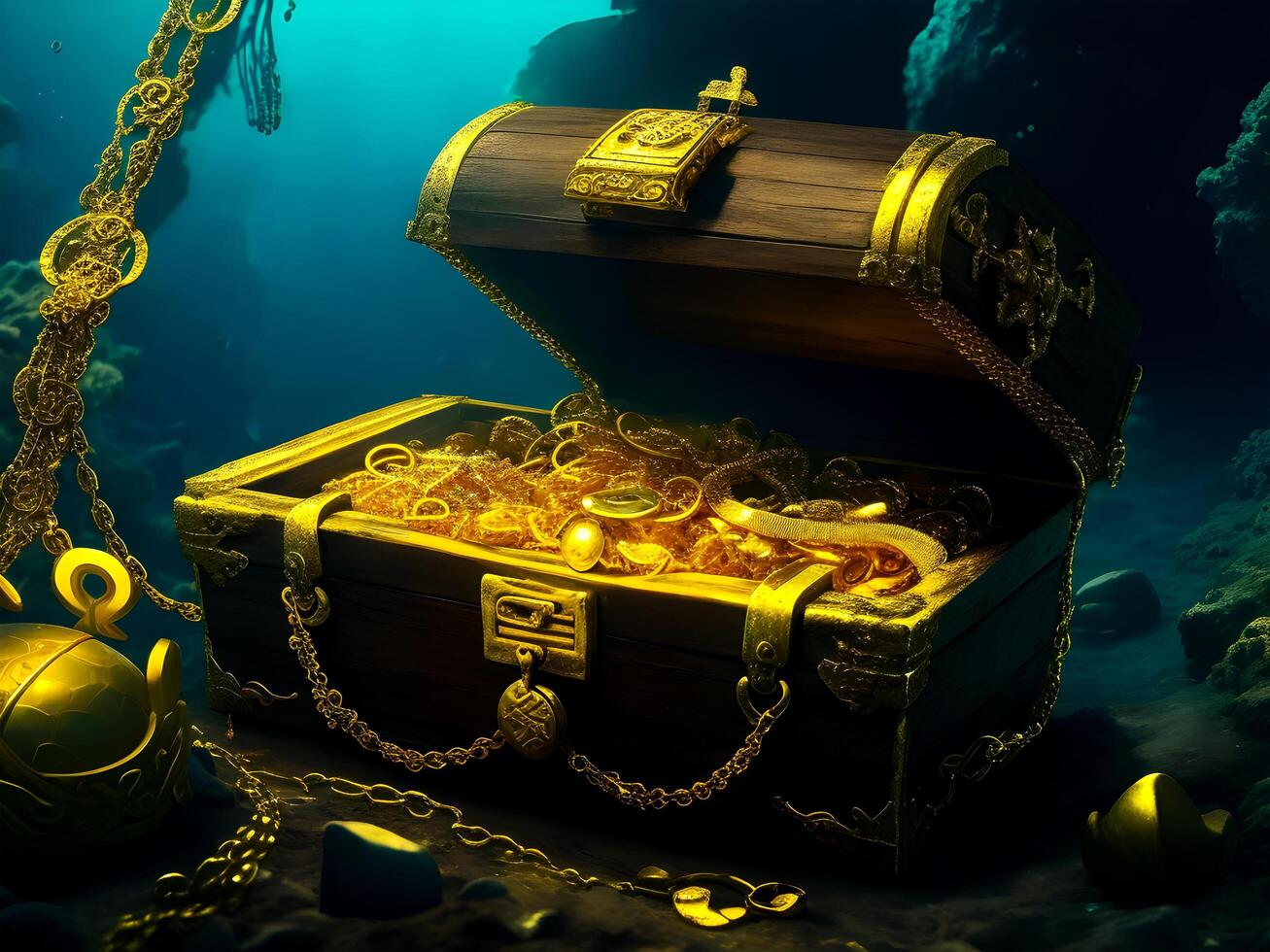 old treasure chest is deep under the sea. Antique chest of gold, ring, gold necklace.Generative AI. photo