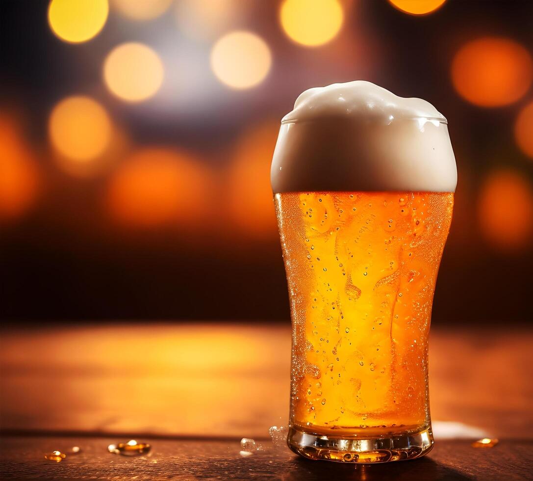 Beer glass with bubbles on bokeh background. generative ai photo