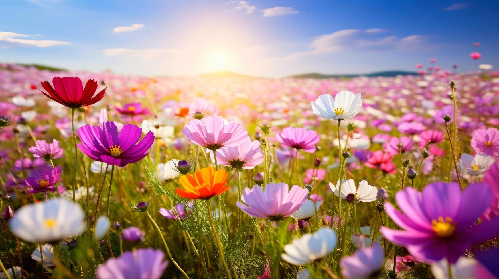 Nature floral background in early summer. Colorful natural spring landscape with with flowers, soft selective focus, illustration photo
