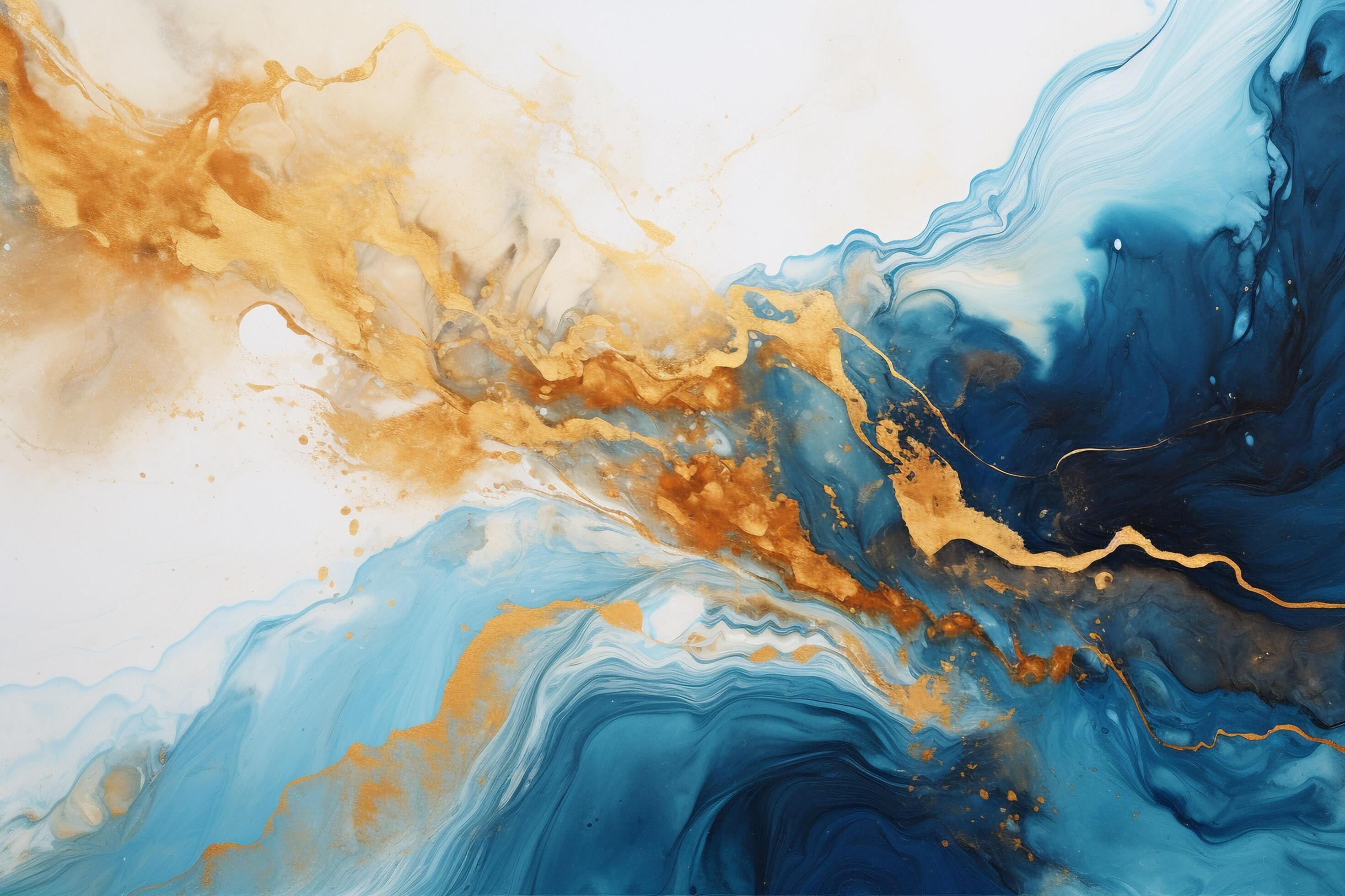 Marble abstract acrylic background. Blue, gold and white overflowing ...