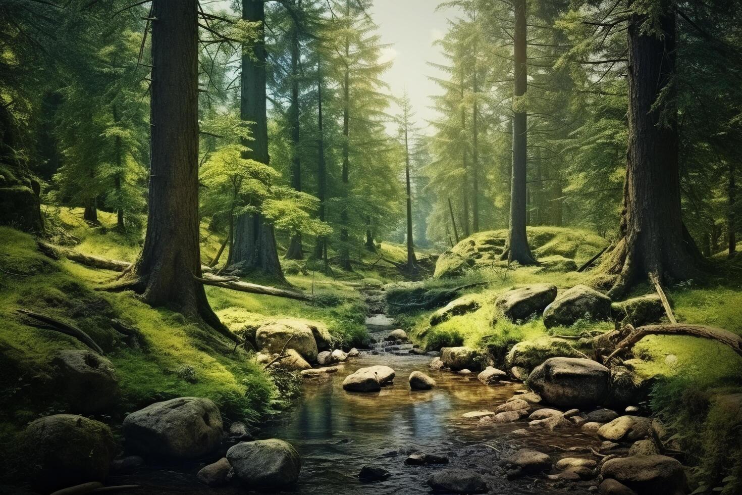 hermosa verano montaña paisaje con un río antecedentes con ai generado. foto