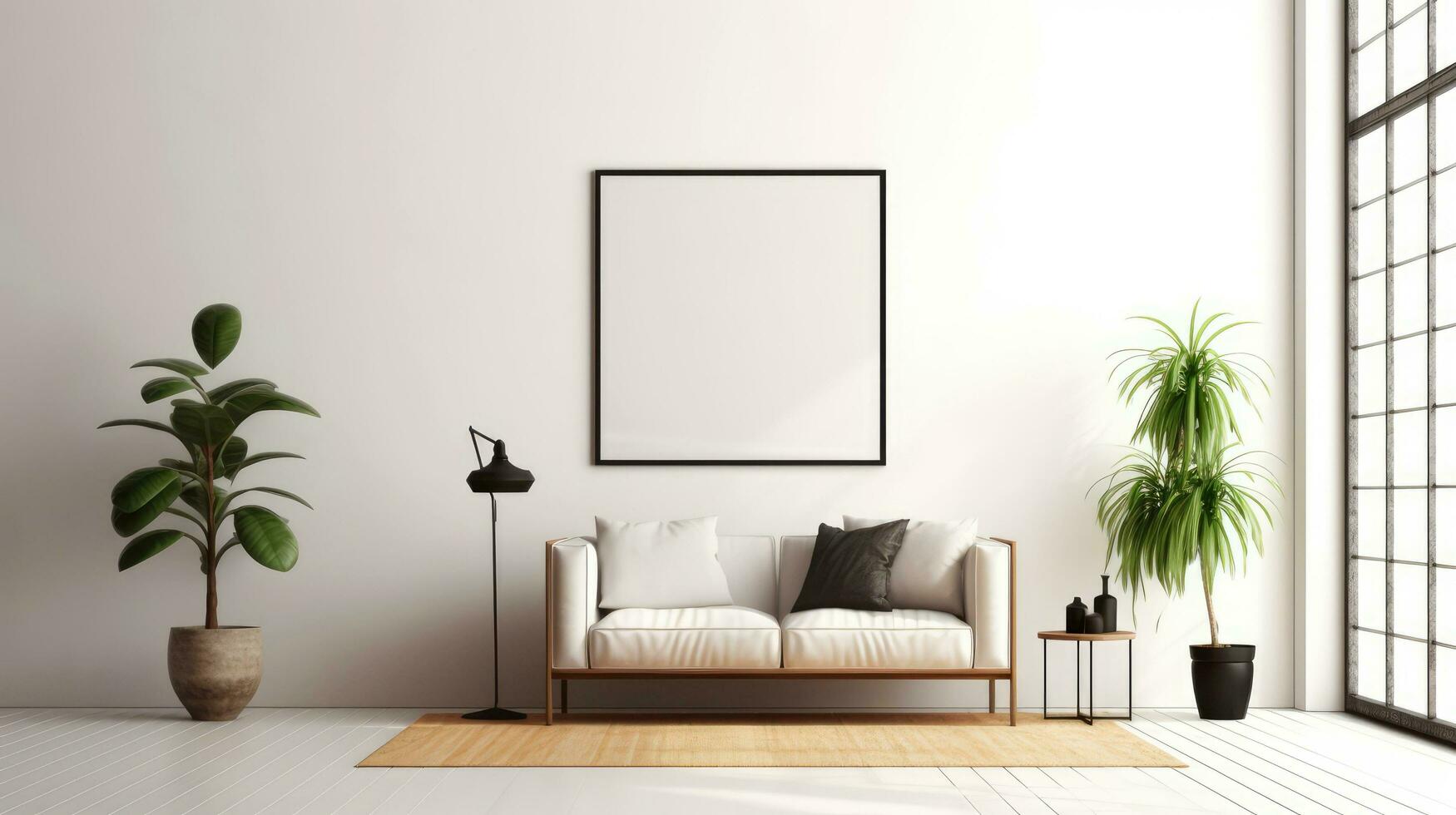 Stylish living room interior design with mock up poster frame, creative home accessories. Home staging. Copy space, Generative AI illustration photo