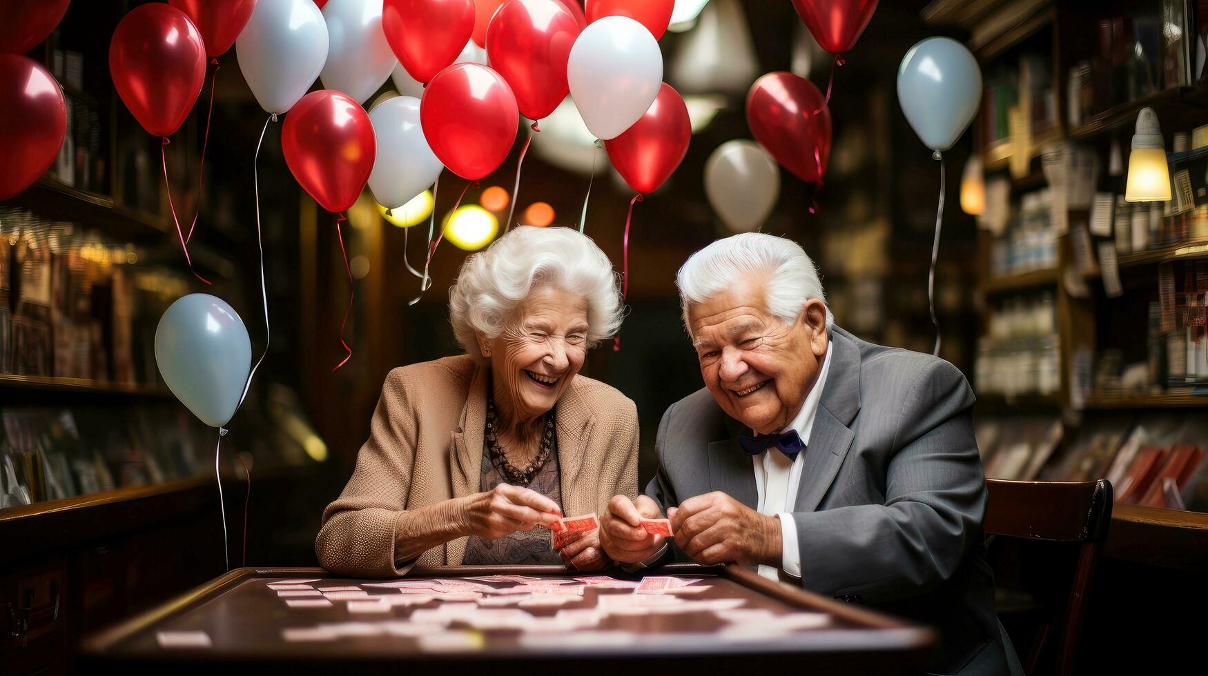 Dreamy middle aged senior loving retired family couple, enjoying peaceful moment relaxing together, with blurred background, Generative AI illustration photo