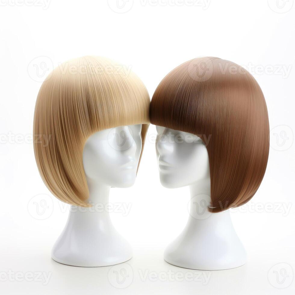 Hair wig over the plastic mannequin head isolated over the white background, mockup featuring contemporary women's hairstyles, Generative AI illustration photo