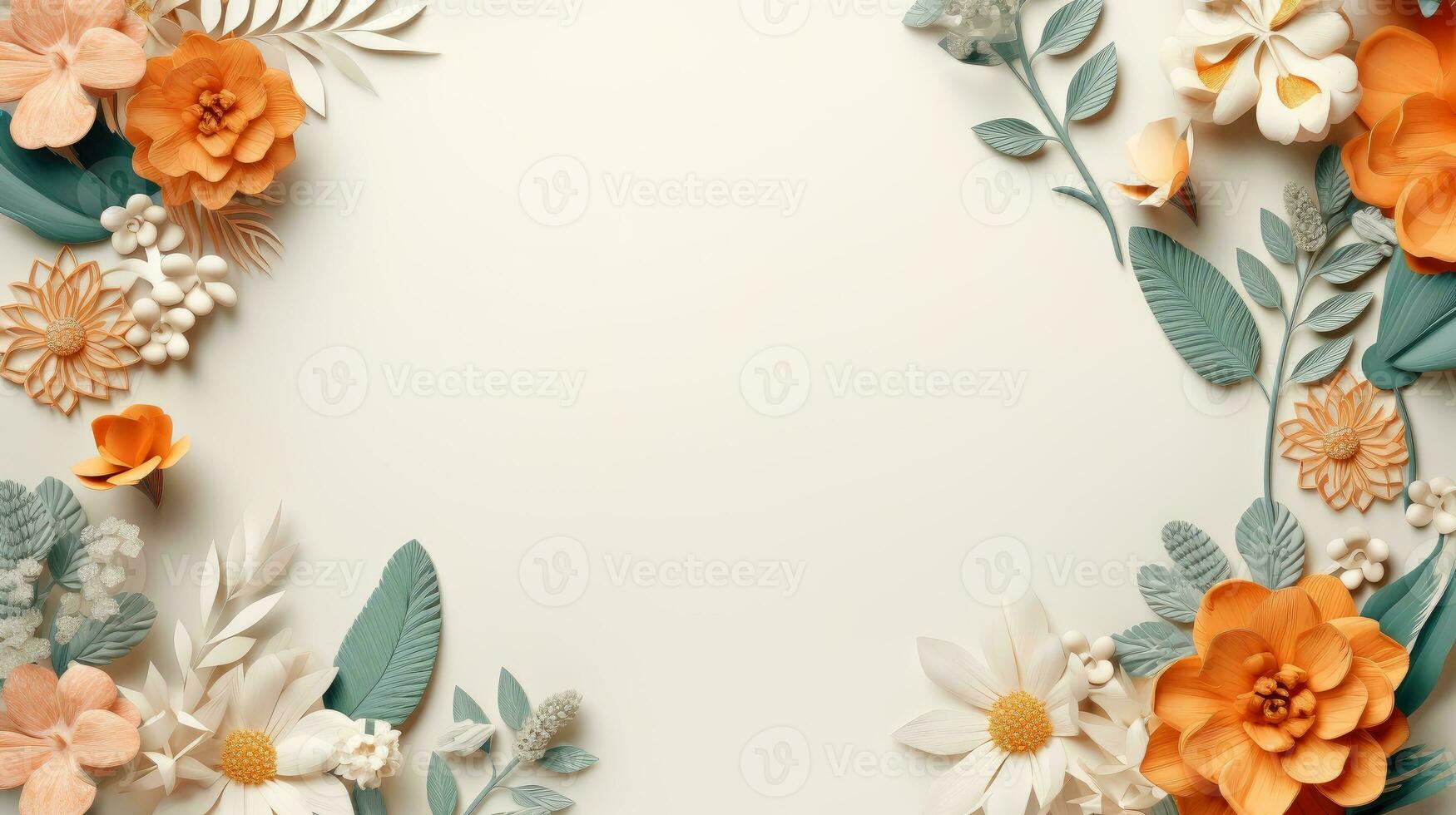 Floral border frame card template. multicolor flowers, leaves, for banner, wedding card. Springtime composition with copy-space, Generative AI illustration photo
