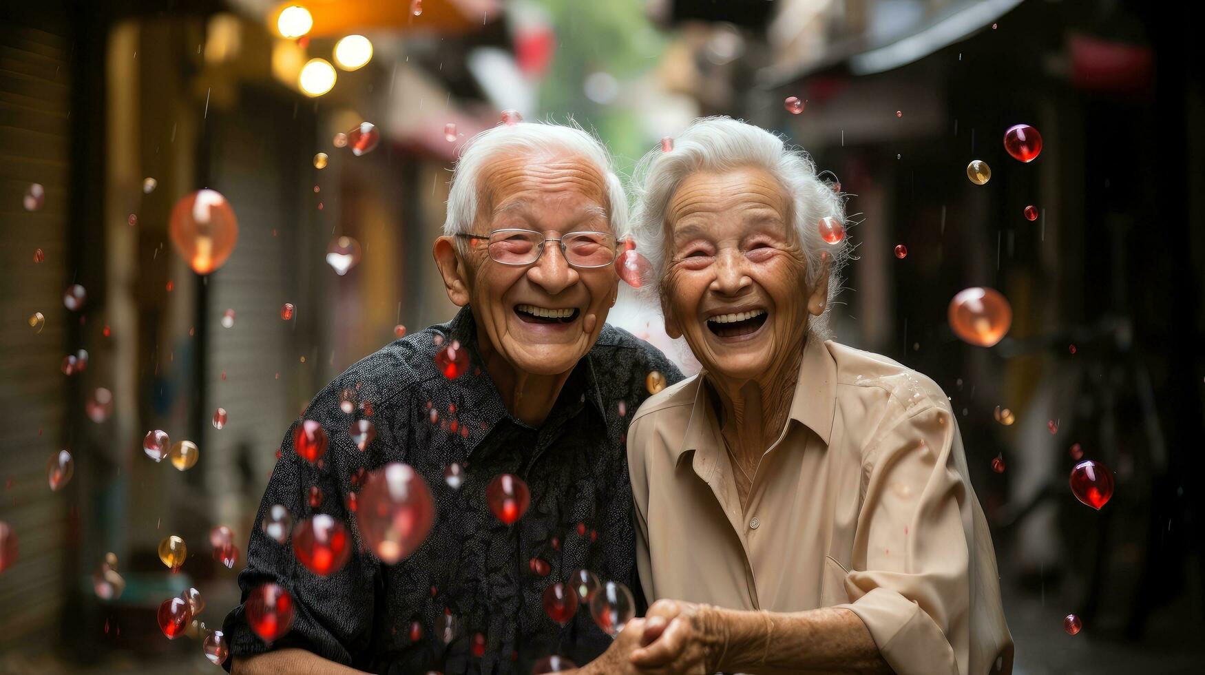 Dreamy middle aged senior loving retired family couple, enjoying peaceful moment relaxing together, with blurred background, Generative AI illustration photo