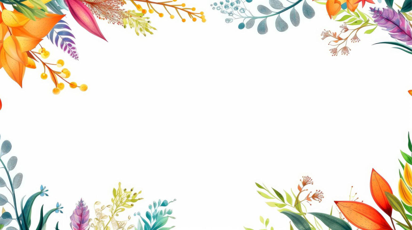 Floral border frame card template. multicolor flowers, leaves, for banner, wedding card. Springtime composition with copy-space, Generative AI illustration photo