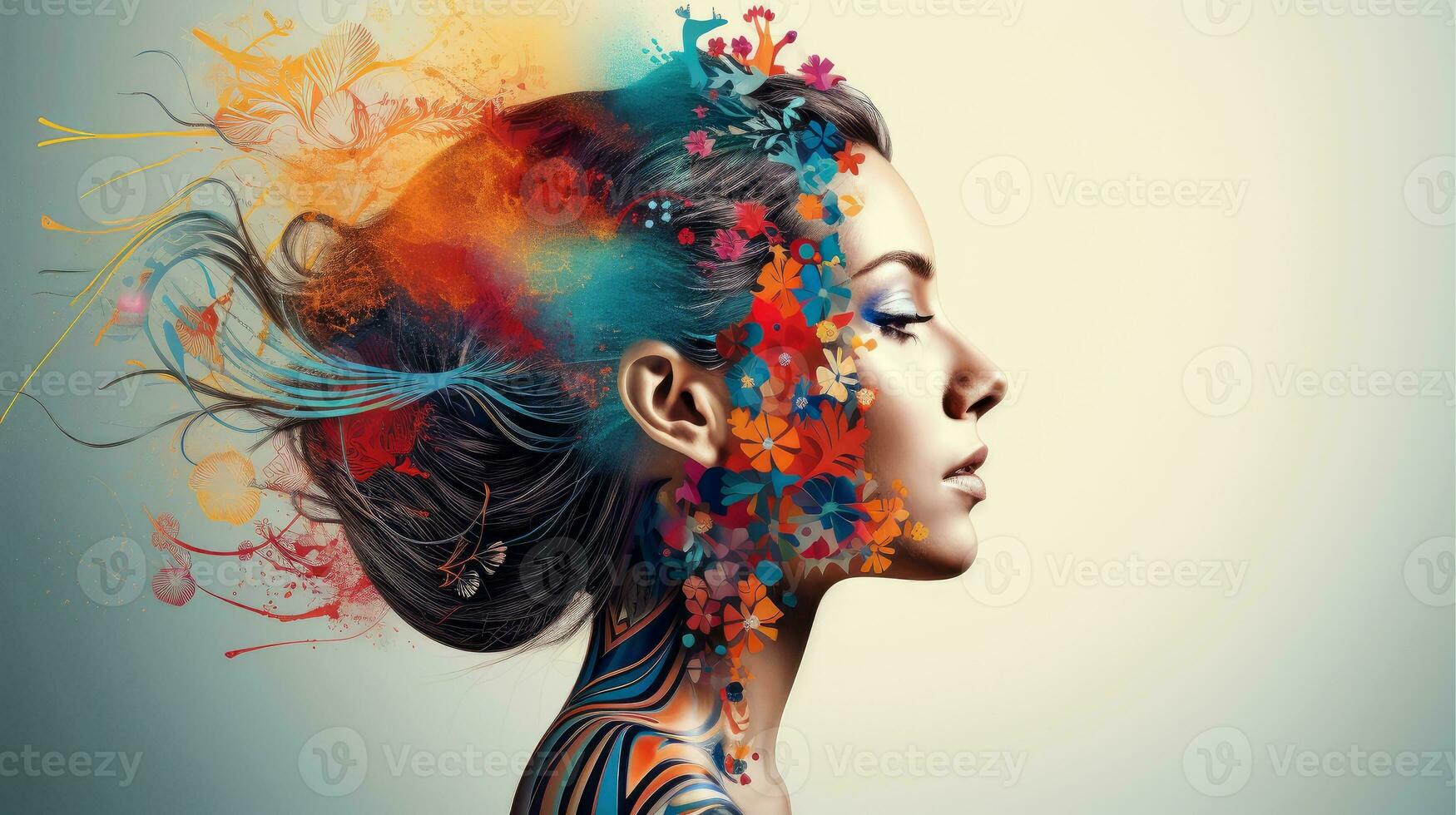 Illustration of abstract profile of a human head and consciousness with physical and chemical structures in the head, Person creative mind, Psychic waves concept, Generative AI illustration photo